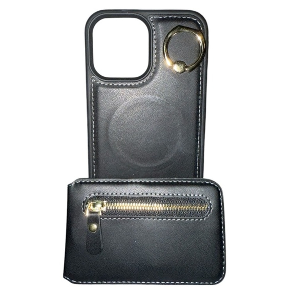 Black iPhone 13 Pro Max Case with Zip Wallet & Ring Holder